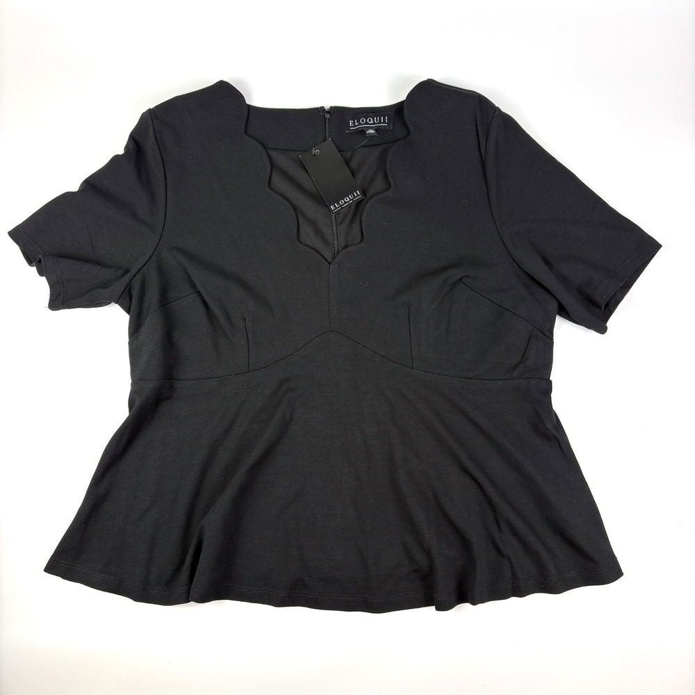 NWT Eloquii Peplum Top Womens Sz 18P Black Scalloped‎ V Neck Babydoll S/S Career